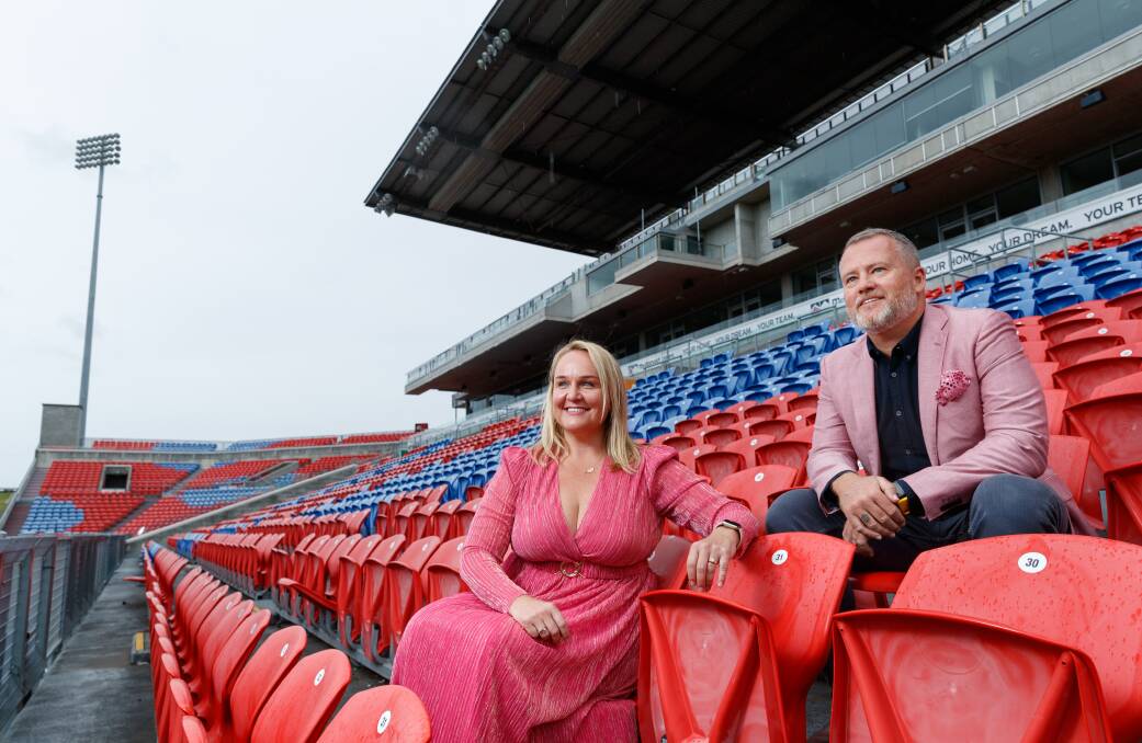 Newcastle lord mayor Nuatali Nelmes and McDonald Jones Stadium venue manager Dean Mantle ready for the Pink concert. Picture by Max Mason-Hubers