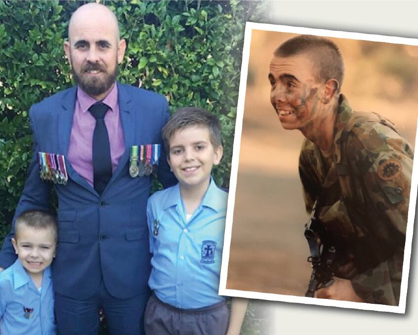 SERVICE: Army veteran Mick Barnes with his two sons on Anzac Day a few years ago, and inset, as a 17-year-old in recruit training in 2000.