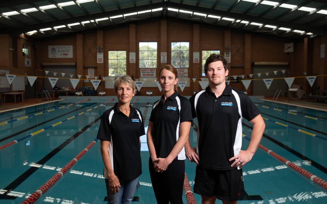 LOCKED OUT: Leanne Coughlan, Hayley Legge and Tyler Coughlan at Coughlan's Swim Centre, which has to remain closed until December 1 as part of the public health order. Picture: Marina Neil