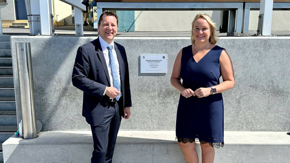 NSW Minister for Planning and Public Spaces Paul Scully and lord mayor Nuatali Nelmes at the Newcastle Ocean Baths. Picture supplied