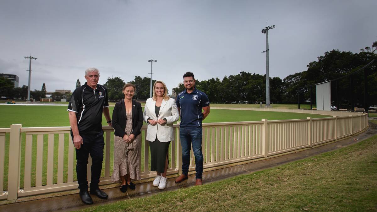 Newcastle District Cricket Association competition administrator John Bailey, councillor Peta Winney-Baartz, lord mayor Nuatali Nelmes and Newcastle City AFL Club co-president Courtney Knight at the new look No 1 Sportsground. Picture by Marina Neil