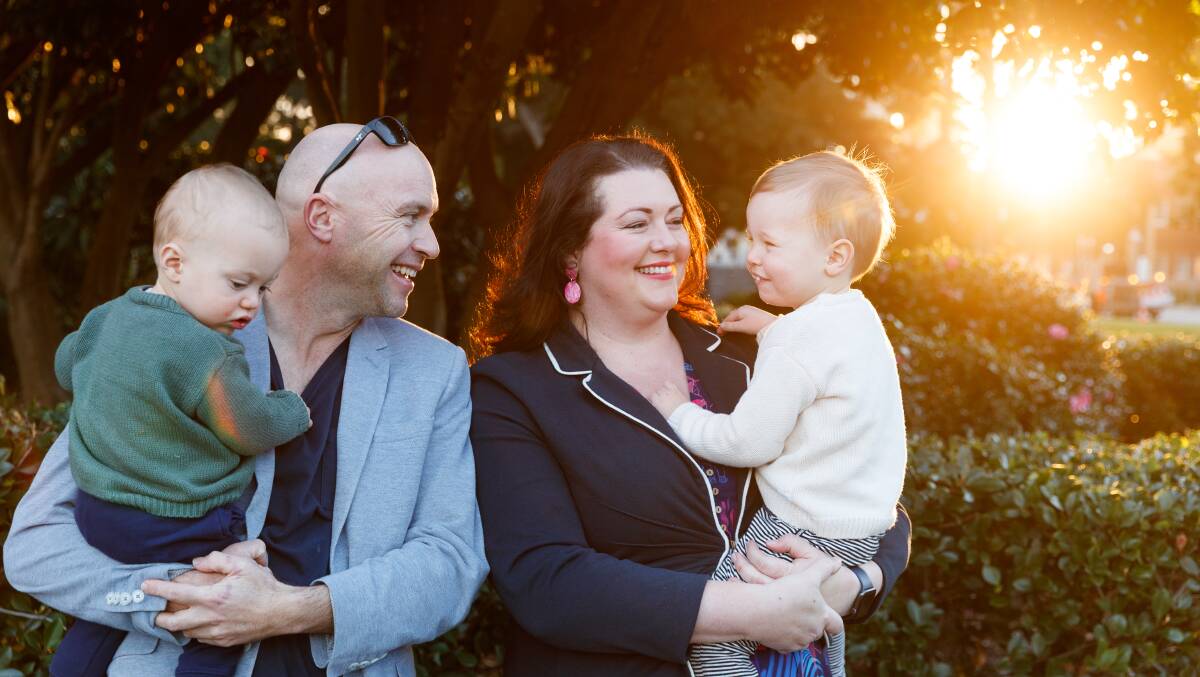 FAMILY: Port Stephens councillor Jaimie Abbott with her husband Matt Bailey and their sons Harrison, 1, and Harvey, 2. Picture: Max Mason-Hubers