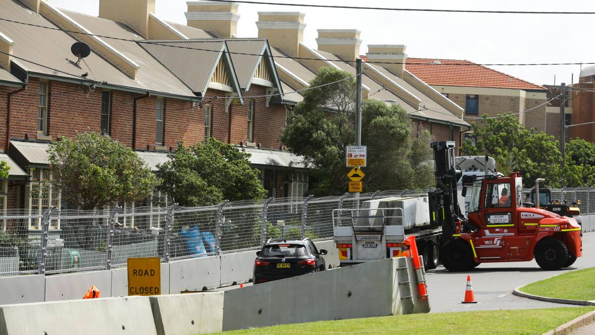 Supercars track work on Thursday at Parnell Place, Newcastle East, where special event clearways have been implemented while construction takes place. The Newcastle 500 will take place from March 10-12. Picture by Jonathan Carroll