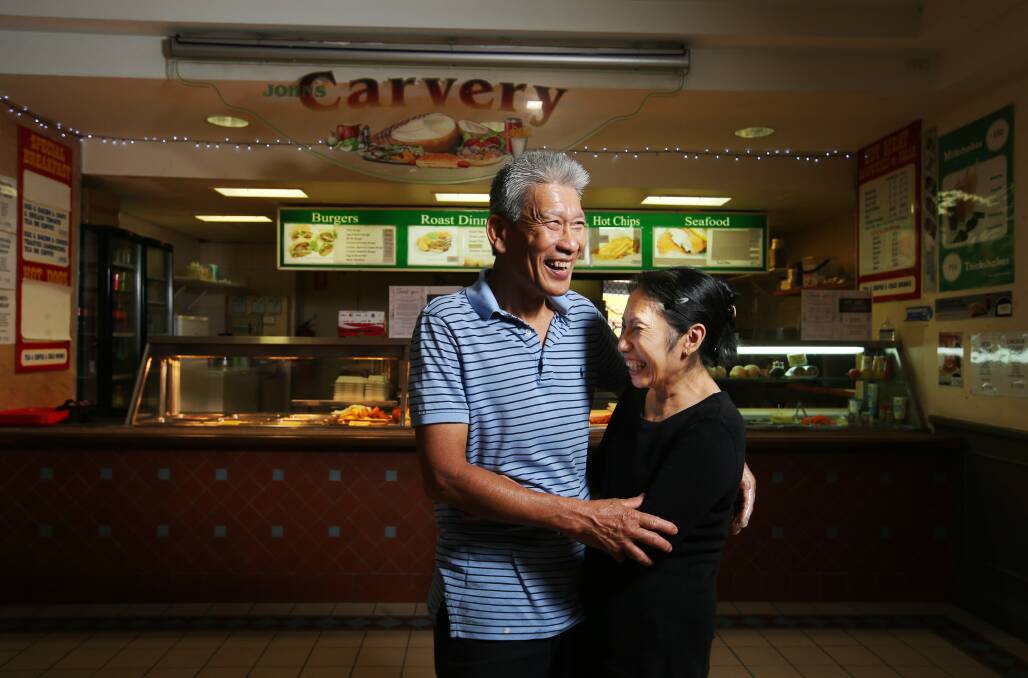 John and Be Truong owners of John's Carvery, who are closing up on Tuesday after 28 years in Hunter Street Mall food court. Picture by Simone De Peak