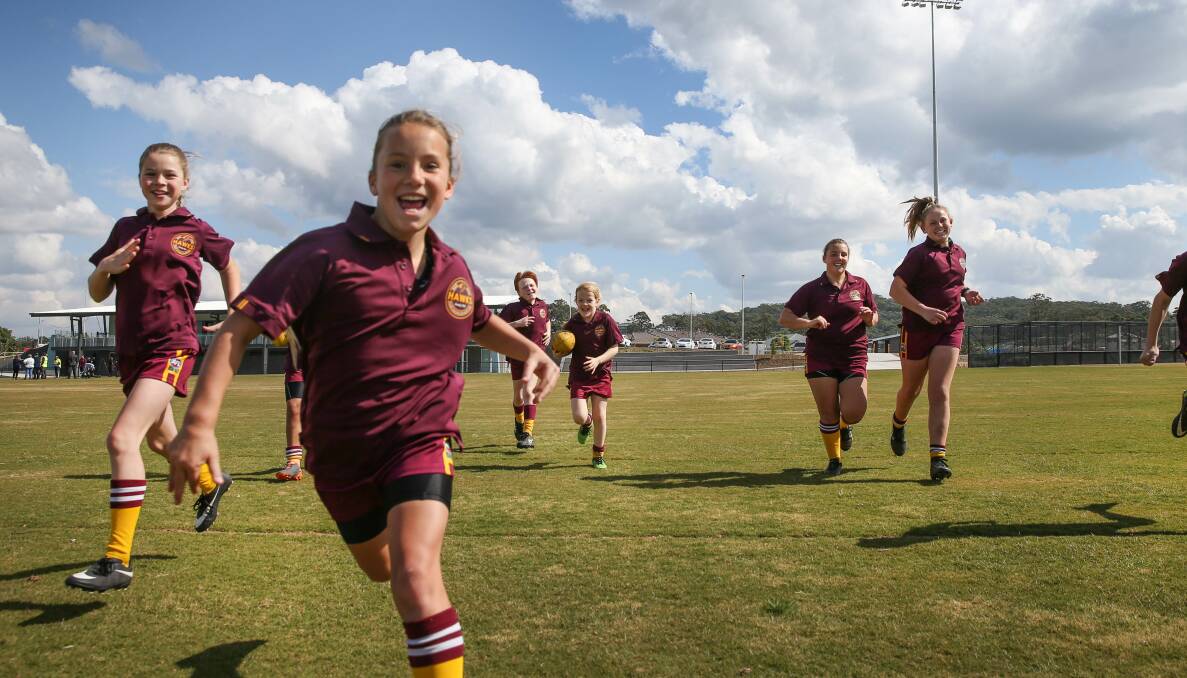 RECREATION: The $15 million Pasterfield Sports Complex at Cameron Park opened in 2018, much to the delight of host club Cardiff Hawks AFL club juniors. Picture: Marina Neil
