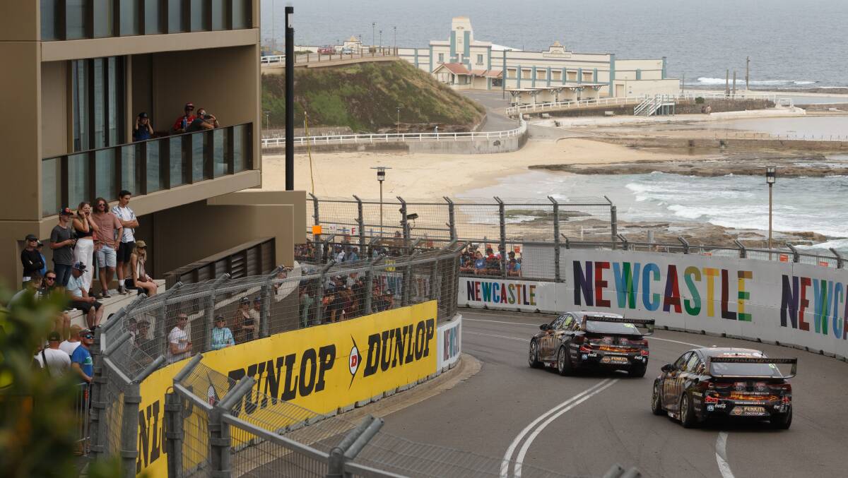 The 2019 Supercars Newcastle 500 with Newcastle Beach and the ocean baths in the background. Picture by Max Mason-Hubers