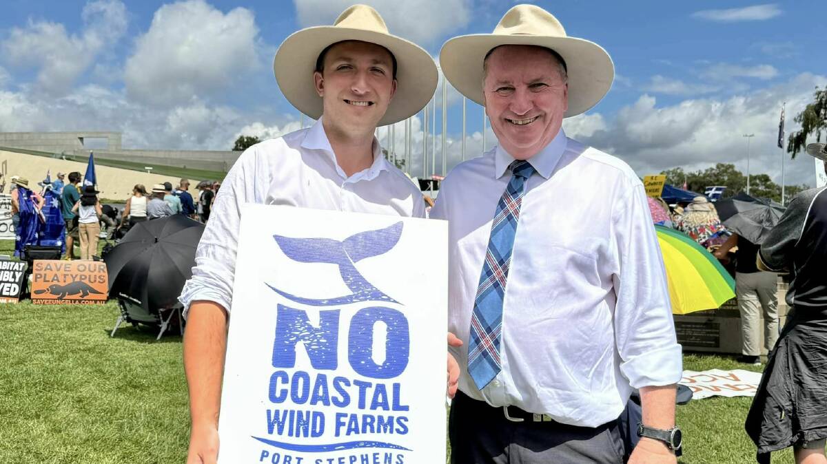 Newcastle Liberal councillor Callum Pull with MP Barnaby Joyce at the Canberra 'reckless renewables rally'. Picture supplied
