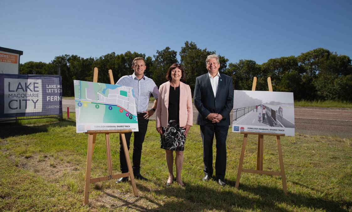 WORKS: Parliamentary secretary for the Hunter Taylor Martin, Lake Macquarie mayor Kay Fraser and council's deputy CEO Tony Farrell. Picture: Marina Neil