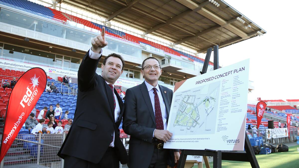 Then-Minister for Sport, Stuart Ayres and former Parliamentary Secretary for the Hunter, Scot MacDonald announcing the plans in 2017. Picture by Marina Neil