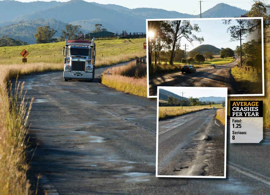 ROUGH RIDE: Parts of The Bucketts Way remain riddled with potholes, patched tarmac and broken edges. Picture: Max Mason-Hubers 