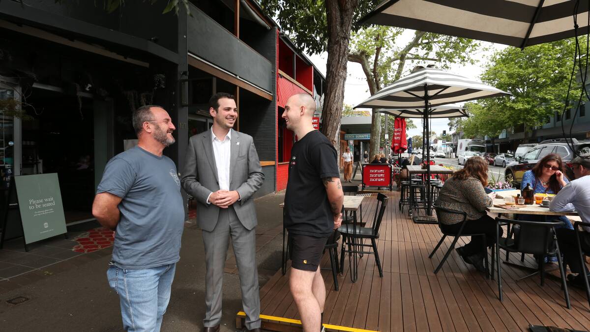 Three Monkeys Cafe co-owner Anthony Strachan, deputy lord mayor Declan Clausen and Autumn Rooms venue manager Taylor Schneider. Picture by Simone De Peak