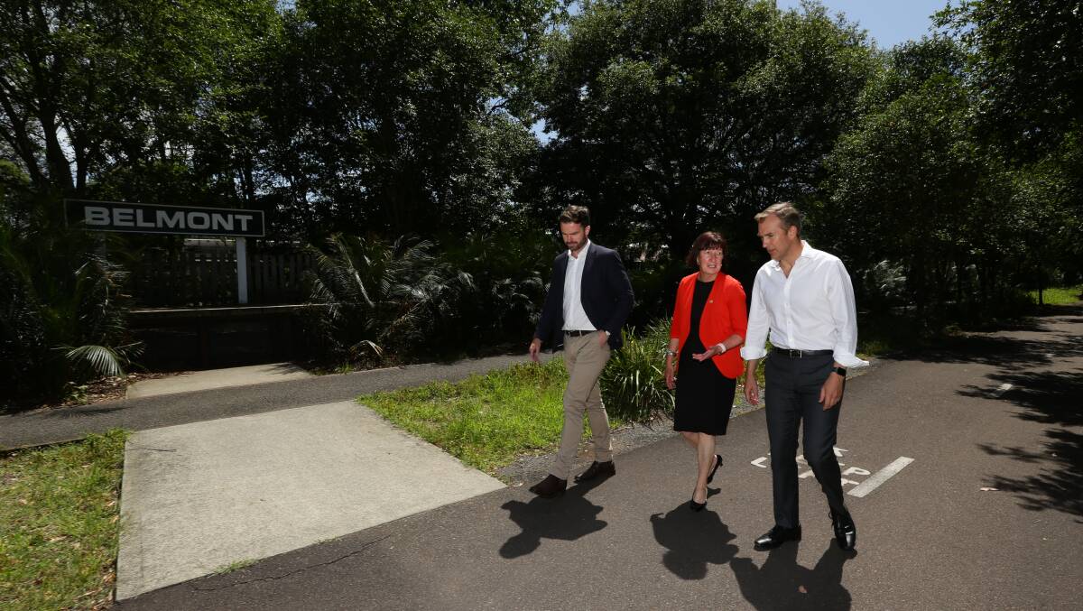 Greater Newcastle city commissioner Matt Endacott, Lake Macquarie mayor Kay Fraser, NSW Minister for Infrastructure, Cities and Active Transport Rob Stokes at the Fernleigh Track. Picture by Jonathan Carroll
