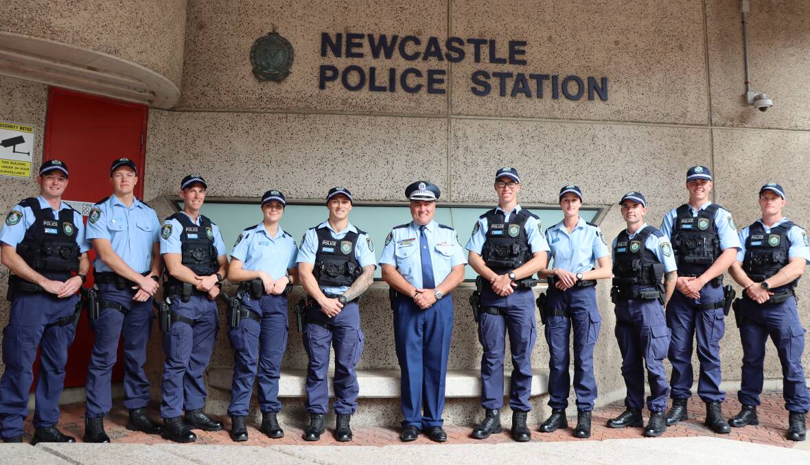 FIRST DAY: Newcastle City Police District commander Superintendent Wayne Humphrey (centre) with the 10 new probationary constables who started in the district on Monday. Picture: supplied