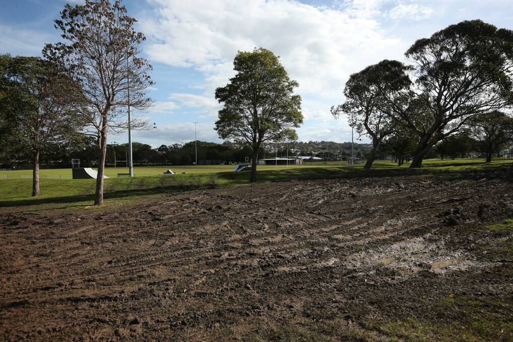 The parkland around Ford Oval at New Lambton after cars used it for parking on Saturday, September 3. Pictures by Simone De Peak