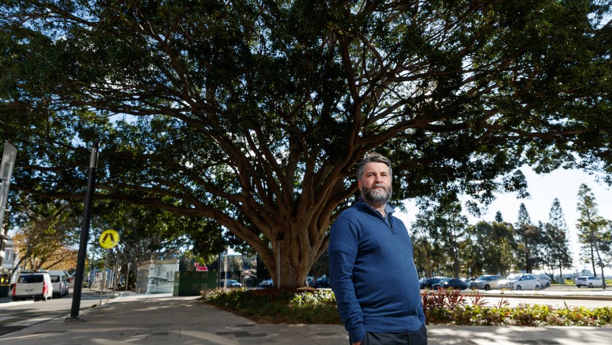 FOLIAGE: Newcastle Greens councillor John Mackenzie in front of the Hunter Street figs. Picture: Max Mason-Hubers