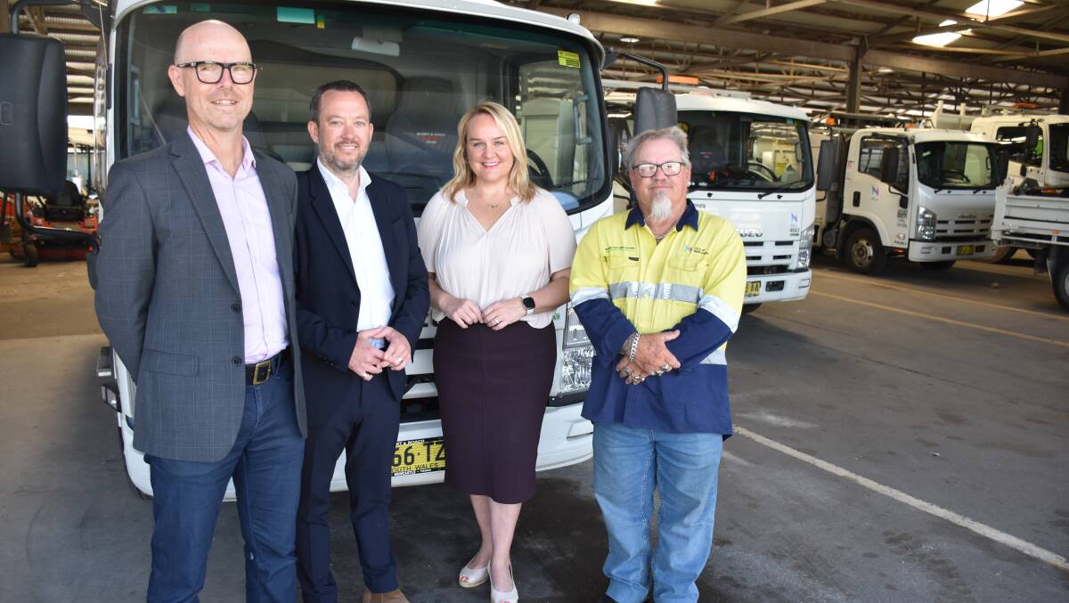 City of Newcastle executive director corporate services David Clarke, United Services Union organiser Luke Hutchinson, lord mayor Nuatali Nelmes and council lead union delegate Keven Burgess at the council works depot.