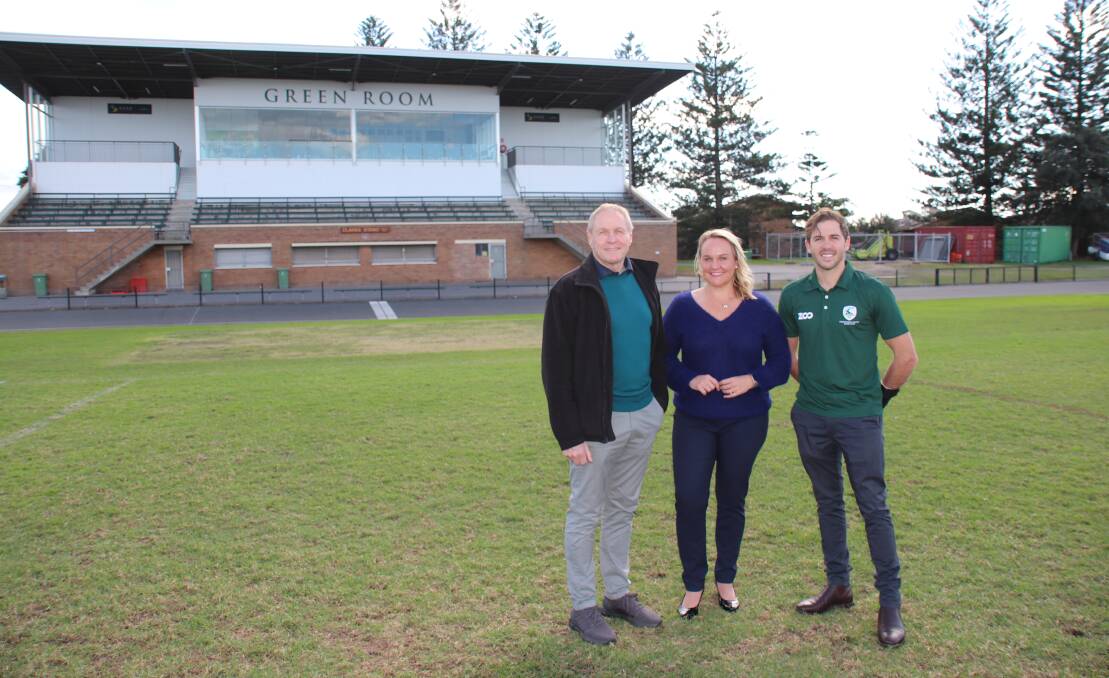 GRAND STAND: Merewether Carlton project manager John Davis and Merewether Carlton rugby player Eddie Clifton with City of Newcastle Lord Mayor Nuatali Nelmes. 