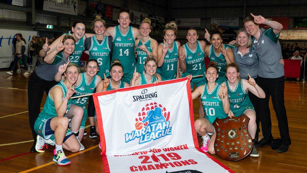 Newcastle Hunters womens team celebrate after winning 2019 Waratah Basketball League Grand Final in August. Picture: Narelle Spangher, Basketball NSW