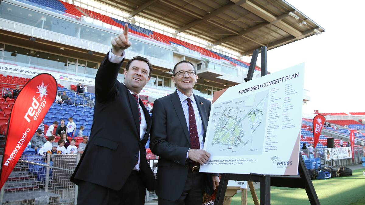 GRAND PLANS: Former sports minister Stuart Ayres and parliamentary secretary for the Hunter Scot MacDonald unveiling the draft concept plan in July, 2017. 
