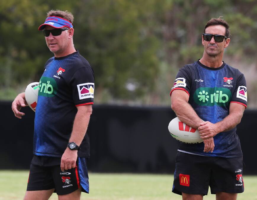 Knights coach Adam O'Brien, pictured with Andrew Johns, has an "incredible knowledge of the game", says McDermott.
