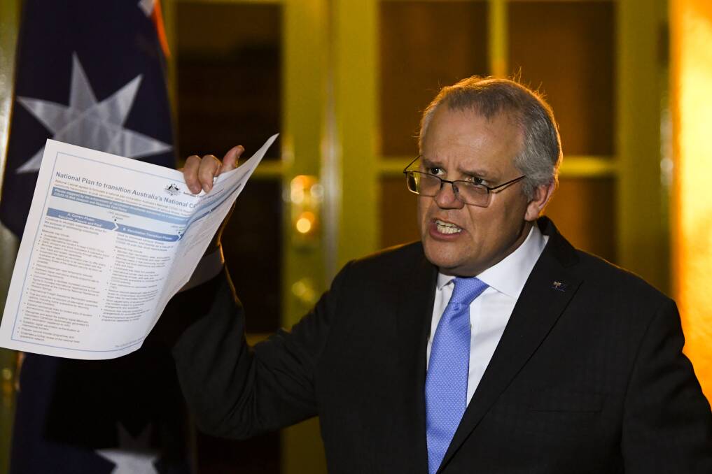 THE PLAN: Prime Minister Scott Morrison after Friday's national cabinet meeting in Canberra. Australia is still in "Phase A" of the plan, he said. Picture: AAP