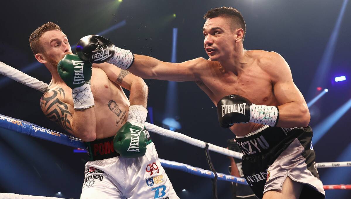 Tim Tszyu on the attack in Newcastle on Wednesday night. Picture: Getty