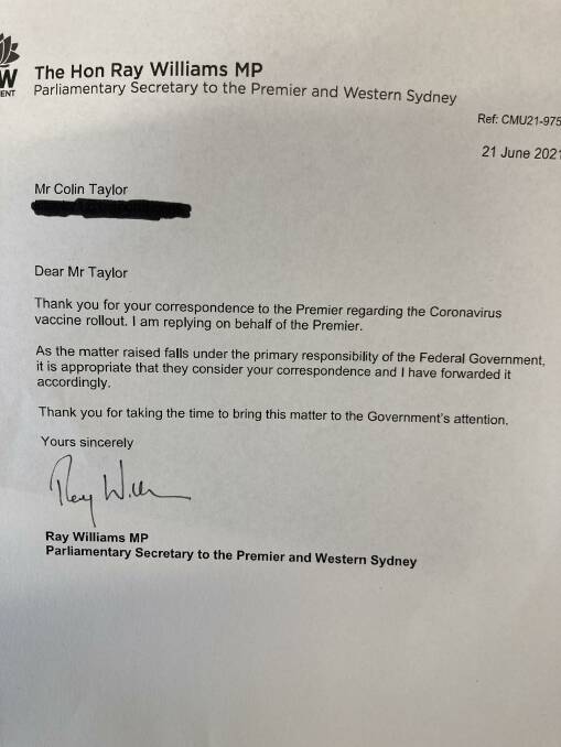 The letter from Ray Williams, the NSW Parliamentary Secretary to the Premier