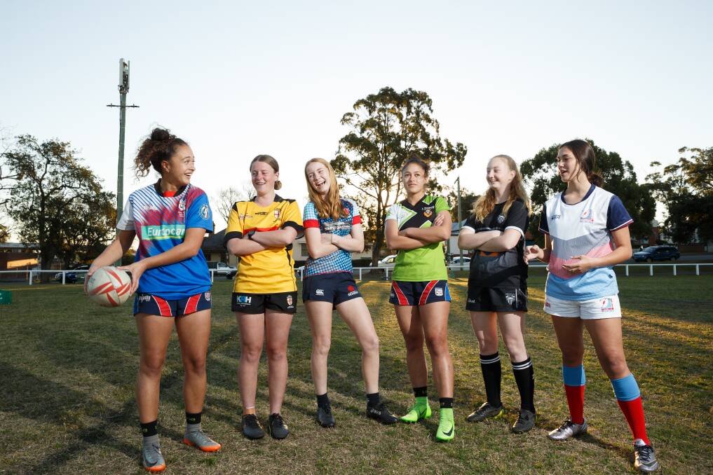 EXCITED: Young Hunter rugby players Leilani Nathan, Isabella Warry, Jorja Holden, Nicole Nathan, Zoe Holden, and Ashley Allen at Dangar Park on Wednesday. Picture: Max Mason-Hubers