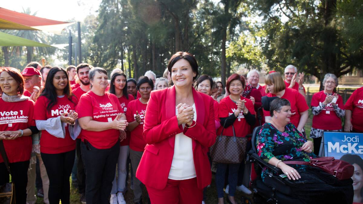I'M READY: Jodi McKay announces her bid to lead the NSW Labor Party, surrounded by her supporters in her electorate at Homebush West. Picture: Janie Barrett