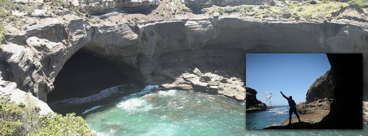 TEMPTING BUT TREACHEROUS: Snapper Point cave as viewed from the area's car park lookout, and looking out from the cave. Pictures: Marina Neil