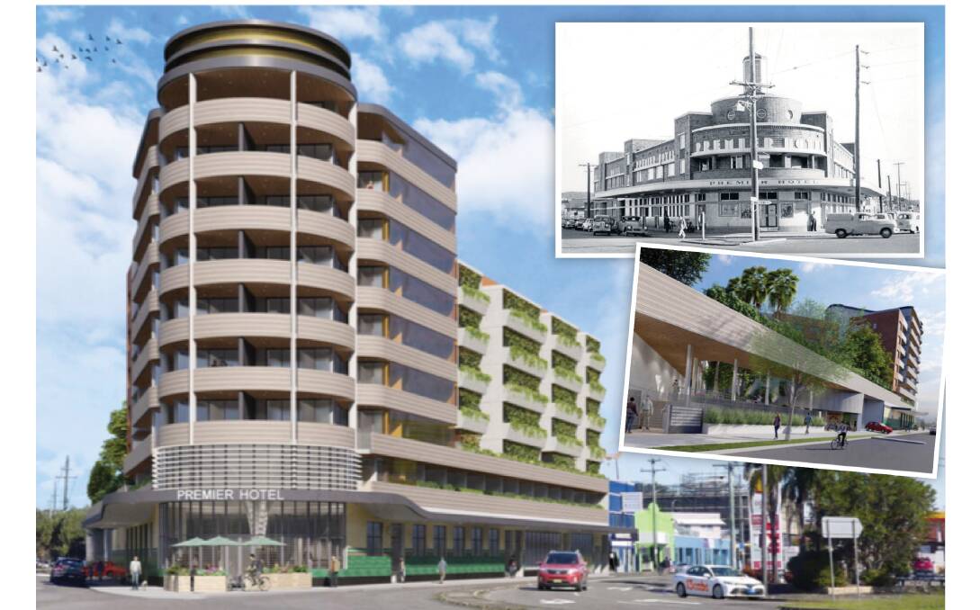 The proposed Premier Hotel redevelopment at the Nineways at Broadmeadow. Inset, a historic shot of the Premier. Images supplied