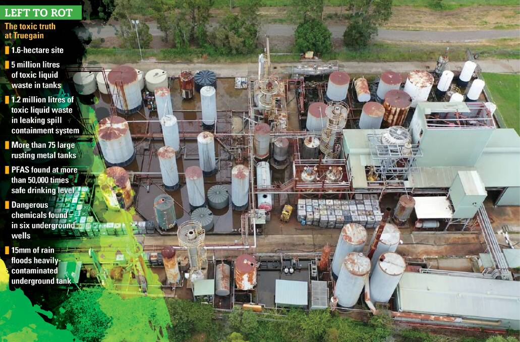 BIRDS EYE VIEW: Drone pictures taken by the NSW Environment Protection Authority that is investigating clean-up options for the site. The EPA has been forced to regularly pump out the site's leaking spill containment system to avoid further large-scale pollution events.