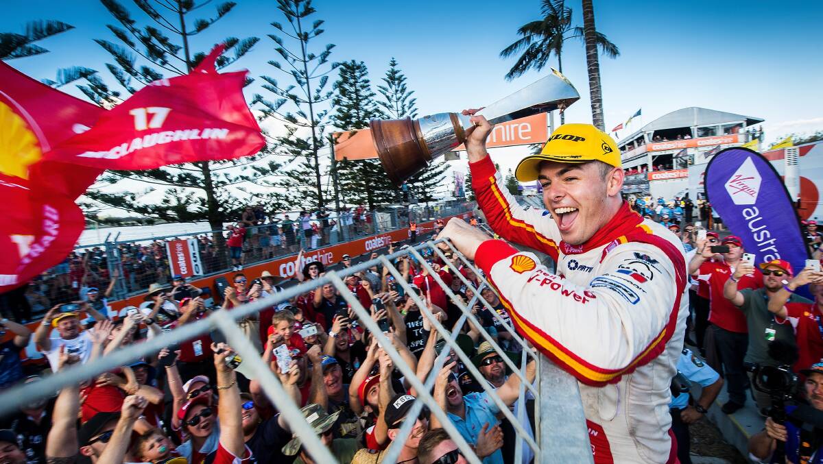 REDEMPTION: Scott McLaughlin celebrates after taking the honours at Newcastle in 2018. Picture: Getty Images