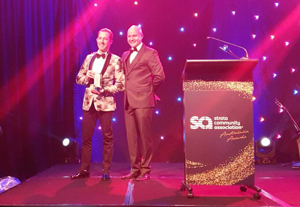 Chris Duggan accepting the he prestigious 2019 National Large strata business of the year award at the recent Strata Community Association Australasia awards.