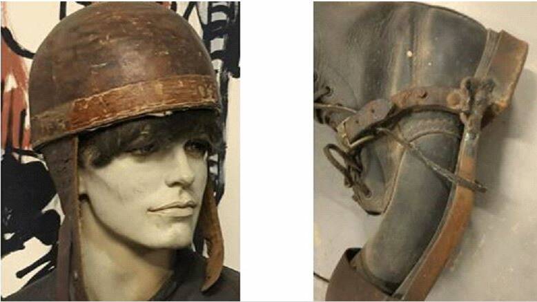 A leather helmet and steel-capped boots used in the early days of speedway in Maitland. Picture supplied.