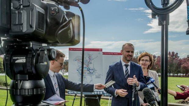 The ACT Chief Minister Andrew Barr releasing route options for the Woden tram that he hopes the federal government will help fund. Photo: karleen minney