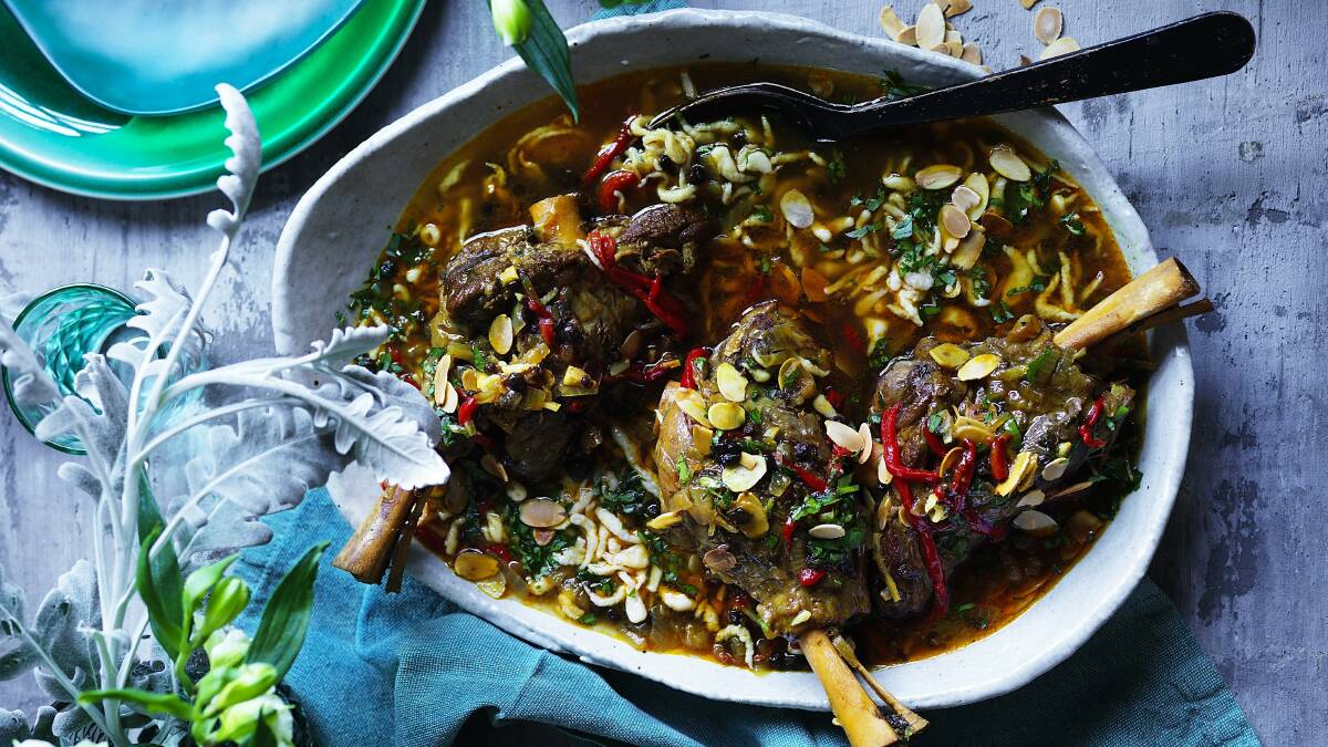 Lamb shanks with almonds, capsicum and homemade noodles. Picture: Rob Palmer
