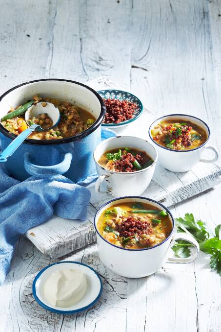 Chorizo and lentil soup with winter vegetables. Picture: Rob Palmer