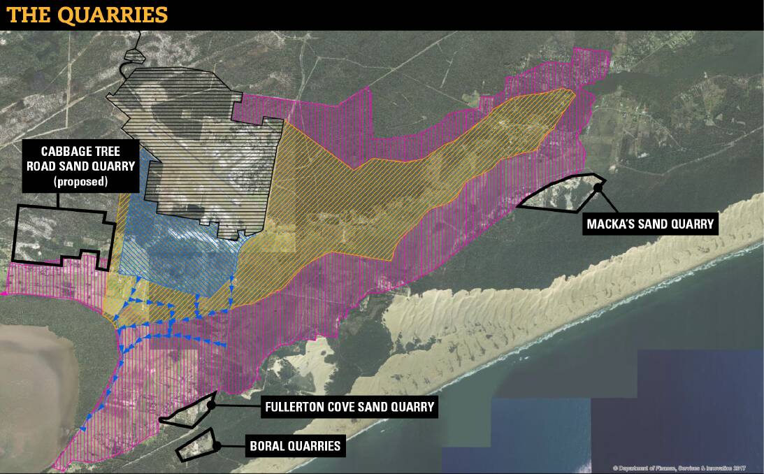 SHIFTING SANDS: The sand quarries that fall outside of Williamtown’s new contamination red zone. The NSW Environment Protection Authority has denied the map was deliberately designed to avoid encircling heavy industry. 