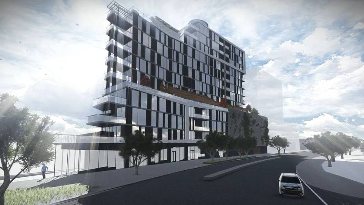 An artist's impression of the 13-storey apartment building planned for Newcastle West, along with pictures of the block as it currently stands. The triangular block posed some challenges for planner Benjamin Young. "We had to think differently in our approach," he said. 