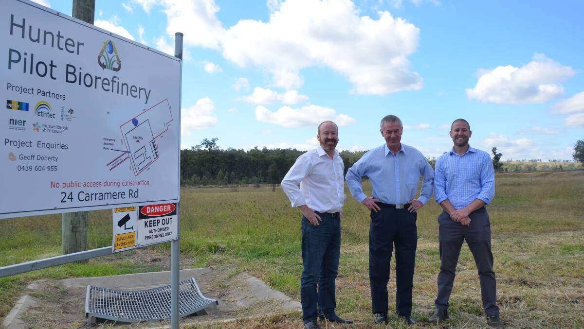 GREAT NEWS: Muswellbrook Shire mayor Martin Rush with Ethtec chief scientist Dr Russell Reeves and Ethtec senior biotechnologist Dr Geoff Doherty at the Thomas Mitchell Drive site.