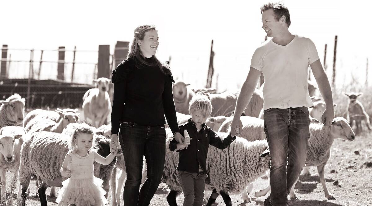 INNOVATIVE: Alexys and Adam Elbourne with Hugo and Grace on their Pokolbin property, which is home also to black-faced Suffolk sheep, saddleback pigs, goats and ducks. 