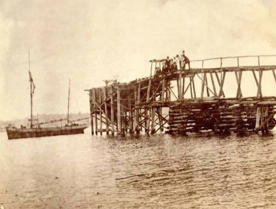 The rickety Coal Point jetty in front of Toronto's historic Ebenezer mine. Picture: Courtesy of UON Special Collections. 