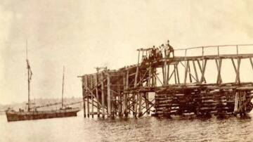 The rickety Coal Point jetty in front of Toronto's historic Ebenezer mine. Picture: Courtesy of UON Special Collections. 