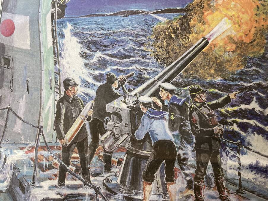 UNDER FIRE: The gun crew from the Japanese submarine 1-21 fire on a sleeping Newcastle on June 8, 1942. IMAGE: Monty Wedd, 1992