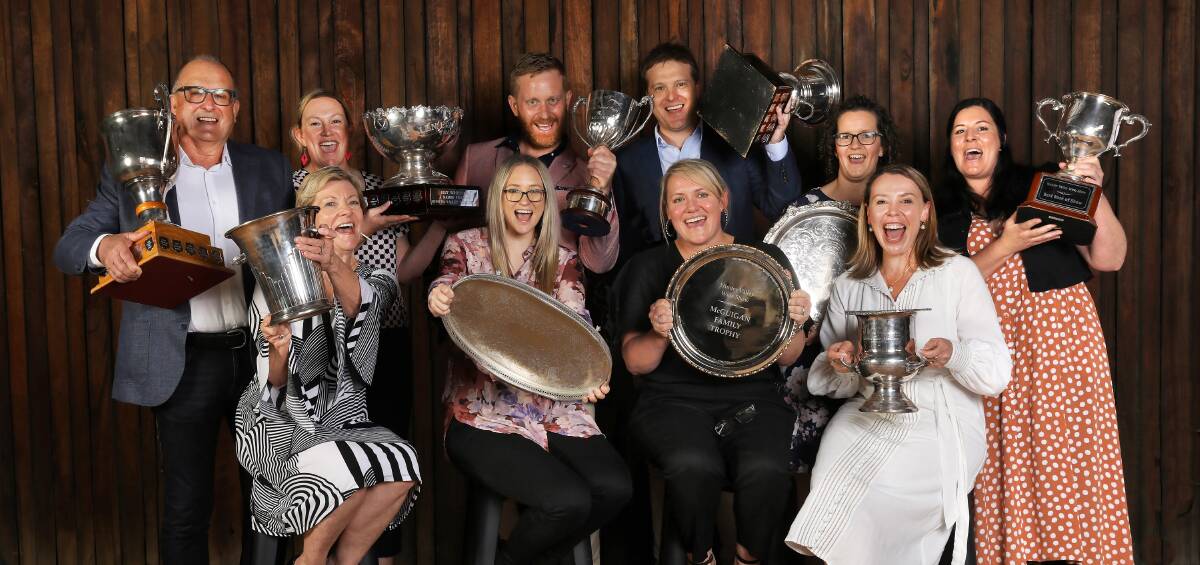 TROPHY TIME: The happy First Creek and Silkman brands team with their 2021 Hunter Valley Wine Show trophies. Picture: Elfes Images