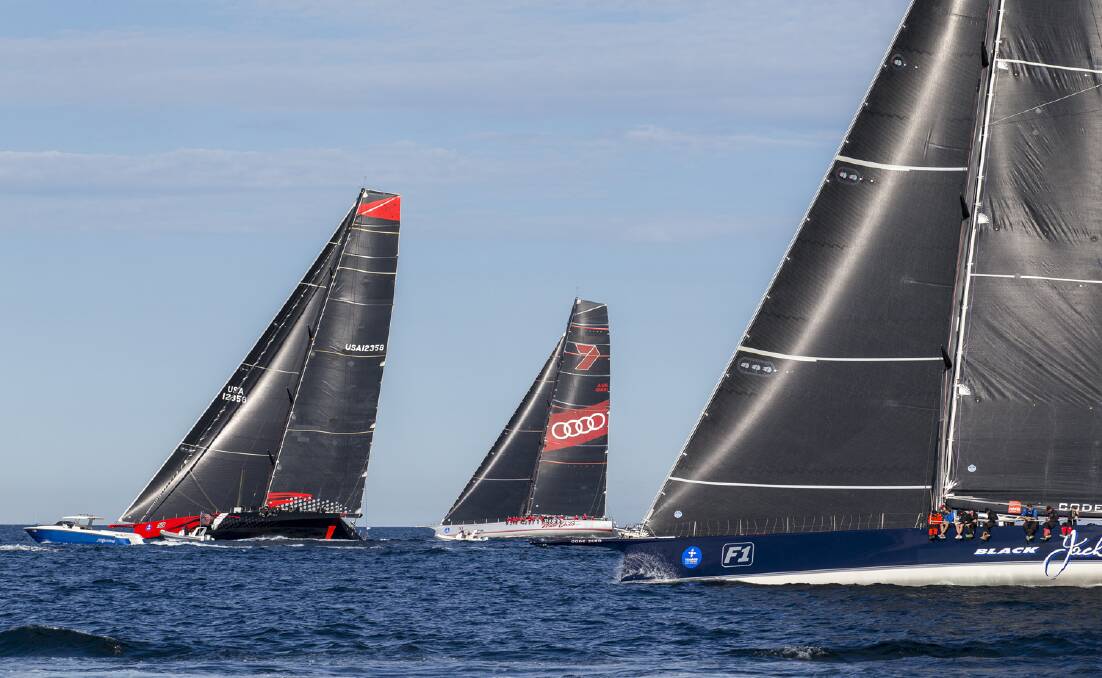 TIGHT: Comanche, Wild Oats XI and black Jack duke it out for bragging rights in the Sydney Gold Coast Yacht Race