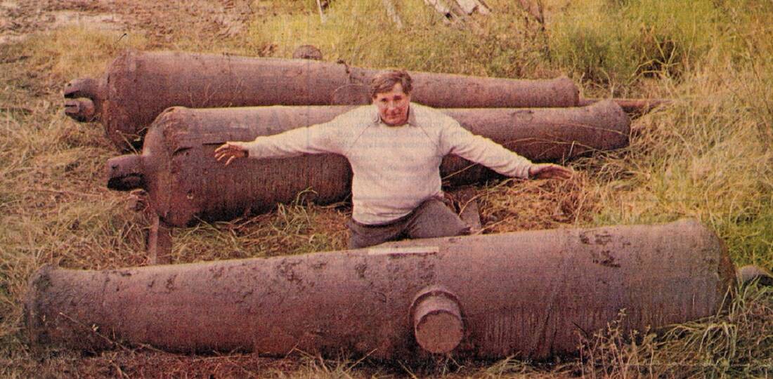 Flashback: Murray Cameron in 1989 at Wallsend showing the size of the historic cannons rescued from the furnace.