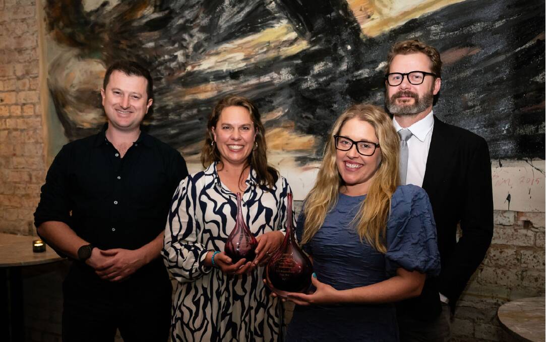 The Meadowbank team of Alexander Deane, Mardi Ellis, Ella Nicolson and winemaker Peter Dredge after collecting their Pinot Noir Challenge trophy. Picture Janis House Photography