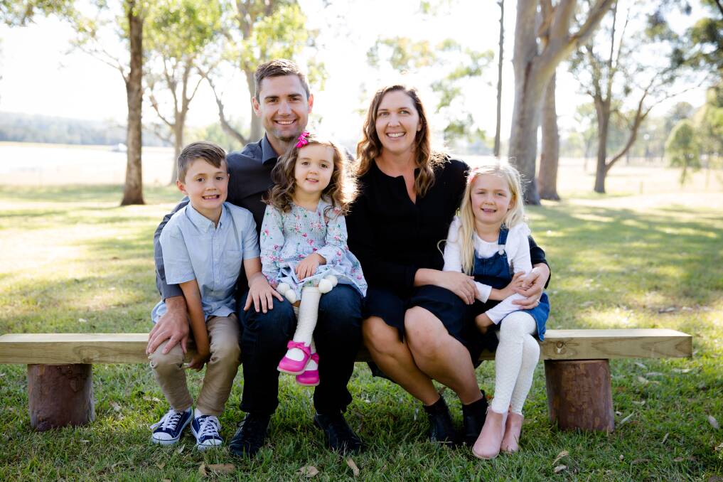 INSPIRED: Daniel and Jenni Payne with their three wine-label inspirational children, Max, 10, (Wild One shiraz-cabernet) Emily, 4 (Little Circus red) and Lucy, 8 (Gamechanger rosé). Picture: Vintage Blue Photography